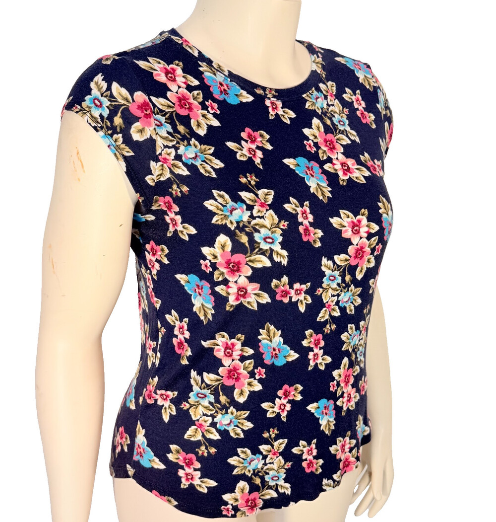 Blue Sol Tee Shirt Women's PL Navy Pink Blue Floral Cap Sleeve Crew Neck - Picture 2 of 8